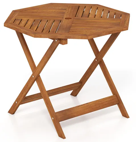 COSTWAY Achteckiger Gartentisch aus Massivholz mit Schirmloch, 90cm - Robuster Gartentisch aus langlebigem Massivholz mit schützendem Teaköl. Ideal für Balkon, Terrasse oder Garten, mit praktischem 5 cm Schirmloch für angenehmen Schatten. Genießen Sie gemütliche Stunden im Freien!
