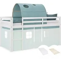 Homestyle4u Kinder Hochbett 90x200 mit Matratze & Tunnel Vorhang - Robustes Kinderhochbett aus Kiefernholz mit wechselseitig montierbarer Leiter, inklusive atmungsaktiver Matratze und mintgrünem Stoffvorhang für eine behagliche Schlafumgebung.