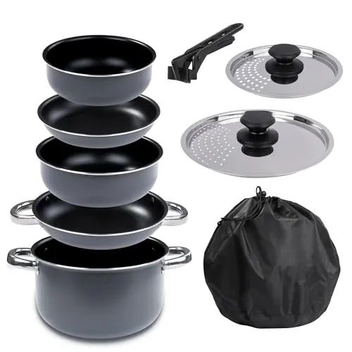 your GEAR Ranger Family Camping Topfset 9-teilig Aluminium – stapelbares Outdoor Kochgeschirr mit Antihaftbeschichtung – Camping Kochset für 6 Personen leicht & kompakt