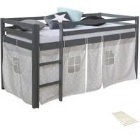 Homestyle4u Hochbett 90x200 cm Grau mit Vorhang Sterne für Kinder - Hochbett aus massivem Kiefernholz mit Lattenrost, ideal für Kinderzimmer. Inkl. traumhaftem Sternen-Vorhang für eine gemütliche Spielhöhle und sicheren Auf- und Abstieg dank Rausfallschutz.