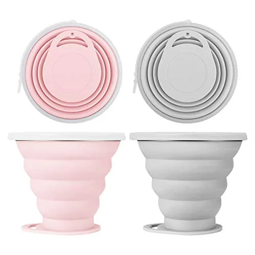 JackWish 2 Stück Camping Klappbecher,270ML Tragbare Wiederverwendbare Faltbare Ultradünne Reisebecher,Platzsparende und Umweltfreundliche Geeignet für Picknick Outdoor Wandern (Rosa+Grau)