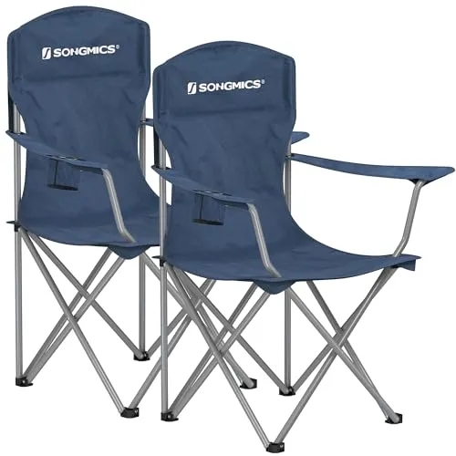 SONGMICS GCB008Q02 2er Set Klappstuhl Outdoor Angelstuhl Hohe Rückenlehne Armlehnen Getränkehalter Klappbar bis 150kg Camping Garten Terrasse Dusk Blau
