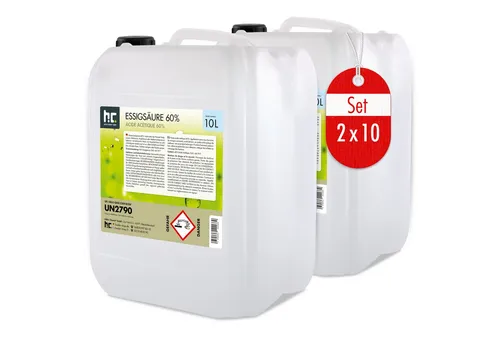 Höfer Chemie 2x 10 L Essigsäure 60% - Reinigungsmittel - Hochkonzentrierte Essigsäure 60% für effektive Reinigung, Rostentfernung und als umweltfreundlicher Weichspüler in der Waschmaschine.