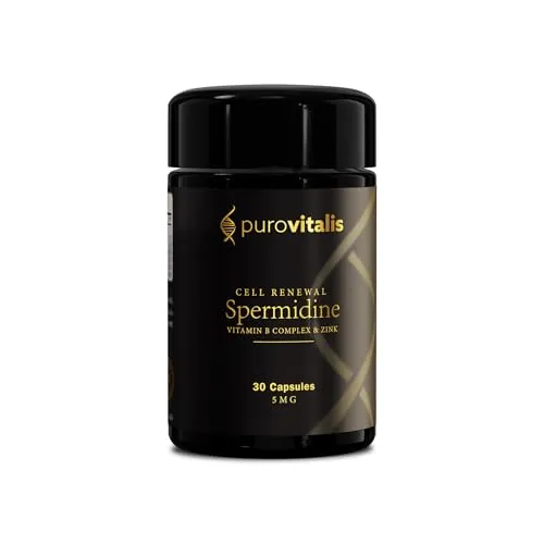 PUROVITALIS Spermidin Fusion 5mg, 30 Portionen (30 Vegane Kapseln), mit Zink, Vitamin D3 und B12, Anti-Aging Ergänzungsmittel