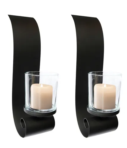 2er Set Wandkerzenhalter Metall Kerzenhalter mit Glas Wanddeko Wandlicht schwarz