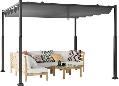 GOPLUS Pergola mit einziehbarem Baldachin, 3,1 x 3,1 m – Moderner Grillpavillon in Grau - Vielseitige 3,1 x 3,1 m Pergola mit einziehbarem Dach für flexiblen Sonnenschutz. Robustes Polyestergewebe und stabile Metallpfosten bieten jahrelangen Komfort und Sicherheit für Ihre Gartenpartys.
