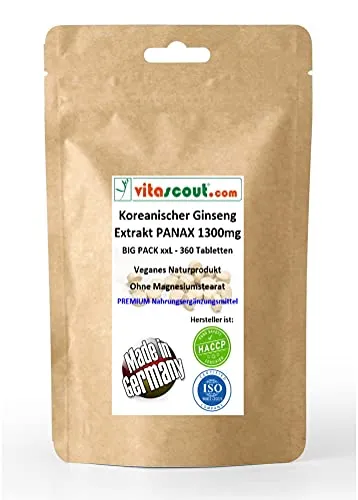 Koreanischer Ginseng, 360 Tabletten, Panax Extrakt, Entspricht 1300 mg Pulver pro Tablette, Hochdosiert, Vegan, Ohne Magnesiumstearat