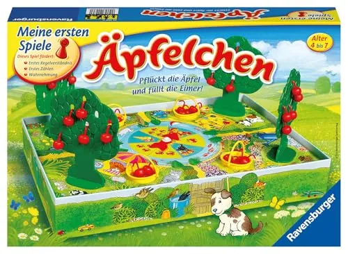 Ravensburger Brettspiel 22236, Äpfelchen – Spaß für die ganze Familie - Gesellschaftsspiel für 2-4 Spieler ab 4 Jahren. Fördert Zählen und Konzentration mit einfachen Regeln. Drehrad sorgt für abwechslungsreiche Spielzüge und spannende Runden!
