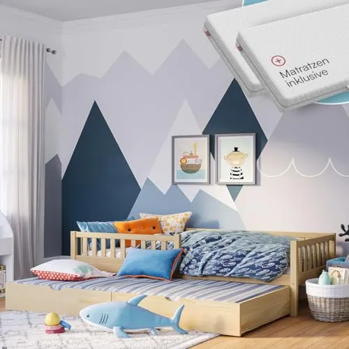 Bellabino Kinderbett Vils 90x200 cm mit Rausfallschutz und Gästebett - Hochwertiges Kinderbett aus Kiefer Massivholz, inklusive Lattenrost und Gästebett 90x190 cm. Mit liebevollem Design und geprüfter Qualität bietet es Sicherheit und Komfort für kleine Träumer.