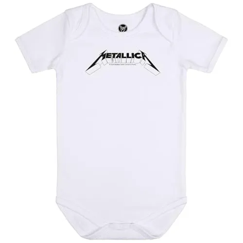 Metallica Logo Baby Body Kurzarm aus Bio-Baumwolle - Toller Baby Body mit Metallica Logo für kleine Fans. Hergestellt aus 100% Bio-Baumwolle, bietet er höchsten Tragekomfort. Mit praktischem Halsausschnitt und Druckknöpfen für einfaches Anziehen und Windelwechsel. Jetzt kaufen und Freude schenken!