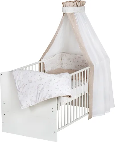 Schardt Kinder-Komplettbett Classic White 70x140 cm - Gitterbett für Babys und Kleinkinder, 4-tlg. Set mit 3-fach verstellbarem Rost und Umbaukit zum Juniorbett, inklusive kuscheliger Bettausstattung in Origami Beige.