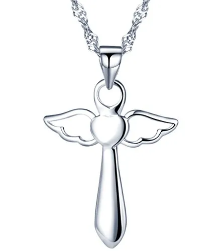 Yumilok Anhänger Halskette aus reinem Silber 925, religiöses Kreuz und Flügel, einfach, für Damen und Mädchen, Silberfarben, Sterlingsilber, ohne Stein, Sterling Silber, Ohne Stein