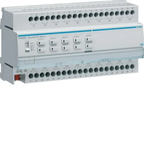 Hager TXM620D Schalt-/Jalousieaktor KNX 20/10f, 16A C-Last - Steckdosen- & Schalterteile, vielseitiger 20/10-fach Schalt- und Jalousieaktor mit 64 Szenenfunktionen und einfacher Programmierung für individuelle Steuerung.
