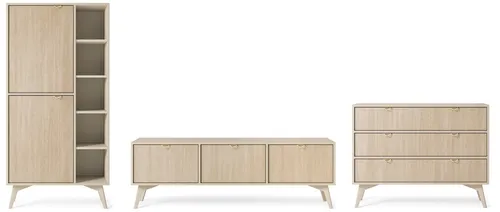 Wohnzimmer-Set Wohnwand 3-teilig beige Herringbone Skandi - TV-Möbel & Schrankwände mit 8 Regalfächern und 3 Schubladen, modernes Design in hellen Holzton für stilvolle Wohnräume.