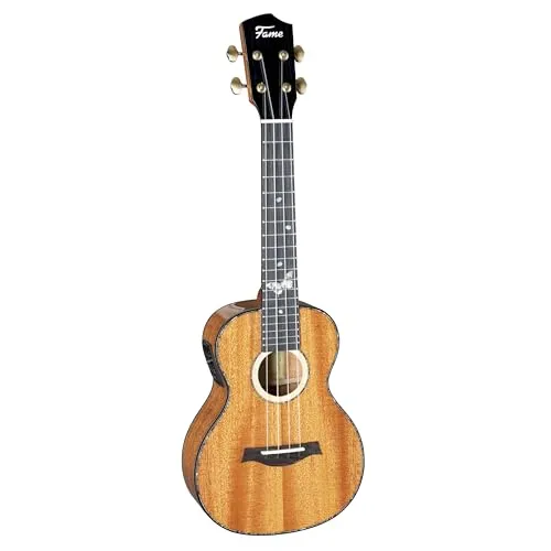 Fame Konzert Ukulele, Massive Mahagoni-Decke, Hochglanz-Finish, Belcat Tonabnehmersystem, Inklusive Gigbag, Standard Uke, Mahagoni