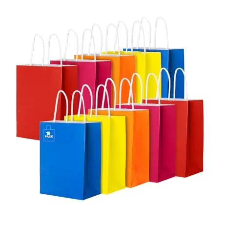 CHARMGIFTBOX 10 Stück 15 x 21 x 8 cm Bunte Papiertüten mit Henkel, Geburtstagsgeschenktüte, kleine Geschenktüten Papier für Kinder- und Erwachsenenpartys, Fest, Hochzeiten, Babypartys