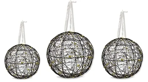 DARO DEKO Lichter-Kugel mit LED aus Draht und Perlenkette schwarz Gold 3er Set Dekokugel Weihnachtsdeko
