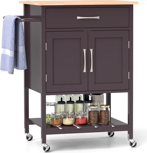 COSTWAY Küchenwagen mit Arbeitsplatte, Servierwagen mit Rollen, Rollwagen mit Schublade & 2-türigem Schrank & unterem Tablett & Handtuchhalter, Kücheninsel für Küche, Esszimmer und Bar (Braun)