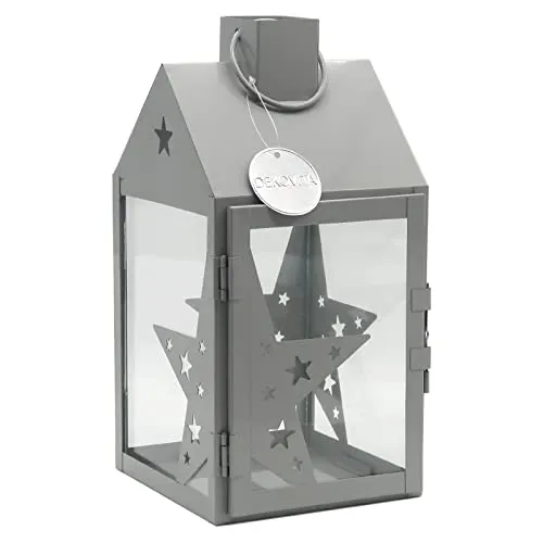 Dekovita 30cm Metall-Laterne Sterne Lichthaus - Gartenlaterne mit Glas-Scheiben - Windlicht Haus Deko-Laterne