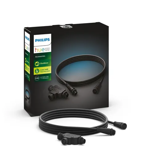 Philips Hue Outdoor LV Cable 2.5M + T-part - Smart Home Kabel für Philips Hue, 2,5 m lang für einfache Installation und inkl. T-Split-Anschluss für flexible Erweiterung Ihrer Außenbeleuchtung.