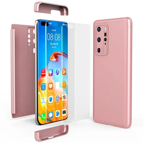 NALIA 360 Grad Handyhülle kompatibel mit Huawei P40 Pro Hülle, Hard-Case & Display-Schutzfolie, Full-Cover Rundum Skin Schutzhülle Slim Etui Case, Handy-Tasche Screen Protector Folie, Farbe:Rose Gold