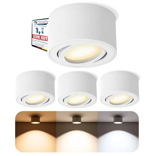SSC-LUXon CELI-1WM Aufbau Deckenspots - 4er Set LED schwenkbar - Deckenspots für Flur, Wohnzimmer oder Küche mit schwenkbaren, wechselbaren 4W LED Modulen in warmweiß. Extra flach und elegant in mattweiß, ideal für stimmungsvolle Beleuchtung.