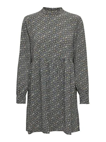 JDY Damen Langarm Kleid Geblümtes Print Mini Volant Dress Hochgeschlossen Oberschenkellang JDYPIPER, Farben:Schwarz-2, Größe:36