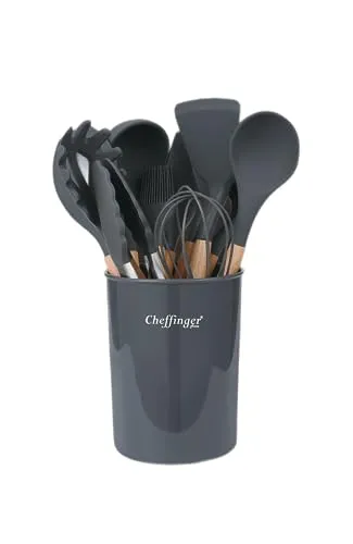 Cheffinger Kochbesteck-Set 12-tlg – Hochwertige Küchenhelfer - Kochbesteck-Set mit 12 robusten Silikon-Helfern und Holzgriffen, hygienisch und spülmaschinenfest, ideal für jeden Kochliebhaber.