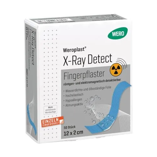 Weroplast® Wundpflaster X-Ray Detect Fingerpflaster (50 St) - Pflaster für Lebensmittelverarbeitung, erkenntlich durch Metall- und Röntgendetektoren, ideal für sichere Anwendungen in der Industrie.