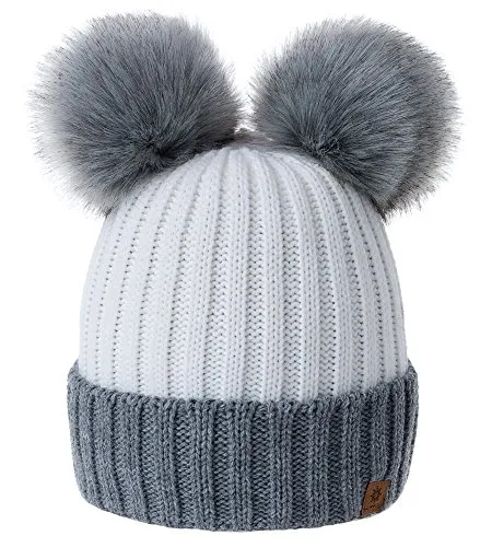 MFAZ Morefaz Ltd Damen Winter Beanie Strickmütze Mütze Doppelt Bommel Pom Pom Wurm SKI Mütze (Grey White)