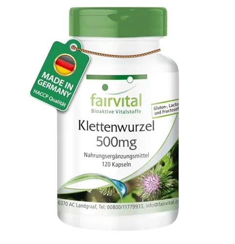 Klettenwurzel 500 mg - 120 Kapseln mit Zink für Haut & Haare | fairvital - Nahrungsergänzungsmittel mit 500 mg hochdosierter Klettenwurzel und 5 mg Zink pro Kapsel, vegan und ideal für schöne Haut und kräftige Haare.