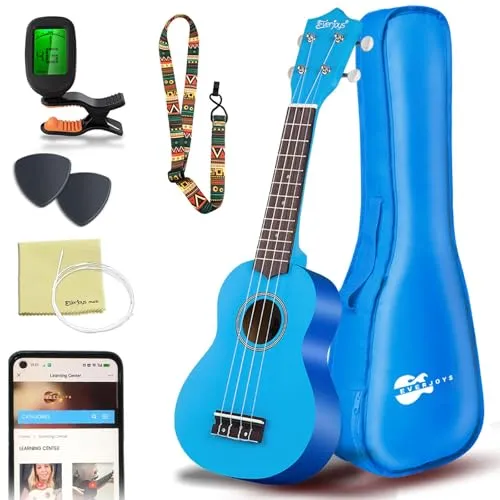 Everjoys Sopran Ukulele Set für Anfänger 21 Zoll Ukulele Starter Kit mit Kostenlose Online-Kurse, Tasche, Tuner, Saiten, Pick, Kleine Hawaii Gitarre Natur