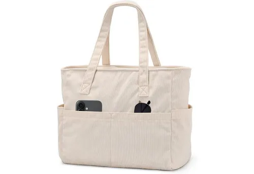 LuxusKollektion Handtasche Tasche Shopper Laptopfach Reißverschluss Damen Cord-beige