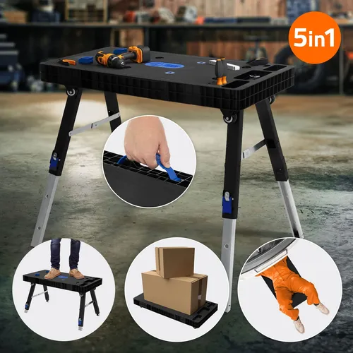 ECD Germany Mobiler Werktisch 5in1 - Kunststoffspielzeug – Klappbare, platzsparende Multifunktions Werkbank bis 150kg, ideal als Sägebock oder Rollbrett für vielseitige Anwendungen.