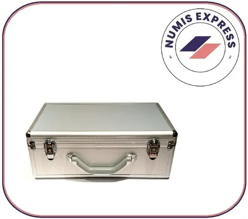 Großer Alu Aluminium Münzkoffer mit 12 blauen Tableaus und 500 Kapseln 26mm