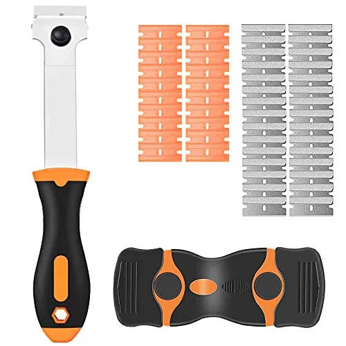 Glasschaber-Set, doppelseitige Kunststoffklinge mit 50 Ersatzklingen zum Entfernen von Etiketten, Aufklebern, Unterböden, Farben von Glas, Herd, Aufkleber (langer Griff)