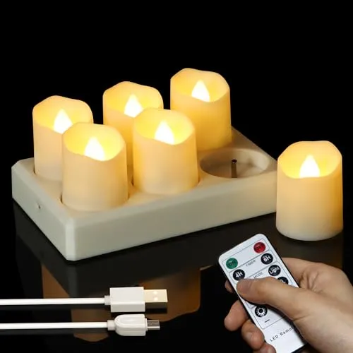 FREEPOWER 6er Set Wiederaufladbare LED Teelichter mit Timer und Ladestation | Elektrische Kerzen mit Fernbedienung, Flackern, Dimmbar, Warmweiß, USB Aufladbar, Halloween Weihnachten Deko, Ø4 x 4,5cm