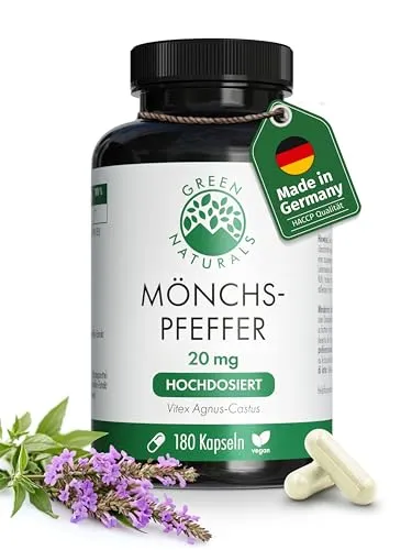 Mönchspfeffer – Hochdosiert: 20 mg (5:1 Extrakt = 100mg pro Kapsel) – 100% Vegan & ohne Zusätze – 180 Kapseln (6 Monate) – Green Naturals®
