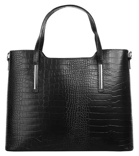 Cluty Henkeltasche aus echtem Leder, Made in Italy - Schwarz - Elegante Handtasche aus echtem Leder mit Reptilienprägung, ideal für stilbewusste Frauen. Abnehmbarer, verstellbarer Schulterriemen und praktisches Handyfach.
