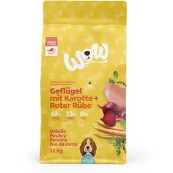 WOW Trockenfutter Junior mit Geflügel, 12kg - Hundefutter für Welpen aller Rassen, getreidefrei und hochverdaulich, mit viel Fleisch, Karotte und roter Rübe für optimale Entwicklung.