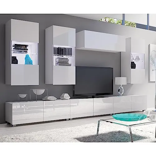 Lomadox Wohnwand Anbauwand 6-teilig in Weiß Hochglanz - Moderne Wohnwand mit 2 TV-Lowboards und 3 Hängevitrinen, ideal für stilvolle Wohn- und Esszimmer. Hochglanzoberfläche und individuelles Design für jeden Raum.