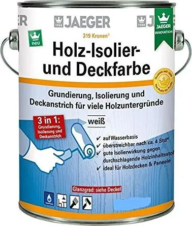 Jaeger Kronen 319 Holz-Isolier- + Deckfarbe matt 5 L - Lampen: Ideal für Holzdecken und Wandvertäfelungen, bietet 3-in-1 Funktion als Grundierung, Isolierung und Deckanstrich mit hohem Deckvermögen.