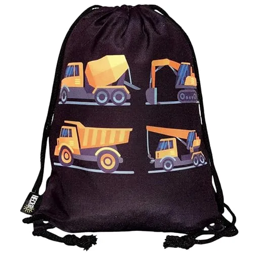 HECKBO Kinder Turnbeutel 4 Baufahrzeugen Bagger - 40x32cm - Sportkleidung Trinkflasche - Kindergarten, Schule, Stoffbeutel Kita - Rucksack, Tasche, Sportrucksack, Sportbeutel Junge Mädchen
