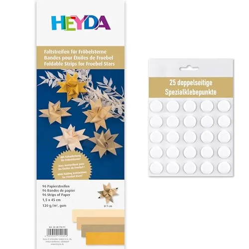 Heyda Faltstreifen für Fröbelsterne – 96 Streifen, 1,5×45 cm, 120 g/m² – beidseitig bedruckt – Bastelpapier Set für 24 Sterne – mit Anleitung – inklusive 25 Klebepunkte (gold 1,5x45cm)