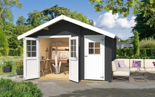 Gartenhaus weka 253 Gr. 2 inkl. Fußboden und Vordach - Gartenhaus in Anthrazit mit Satteldach, ideal für Gartenlagerung und Freizeitgestaltung, inklusive Fußboden und Vordach für zusätzlichen Schutz.