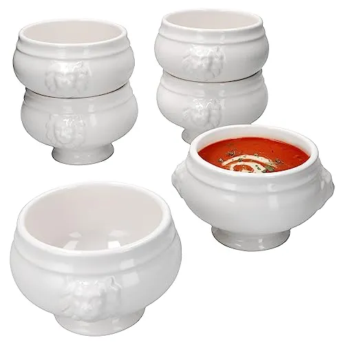 MamboCat 6er Set Löwenkopfterrine Leo 0,45L - Thermobehälter für 6 Personen, ideal für Suppen und Snacks. Schickes Steingut-Design mit nostalgischem Löwenkopf, spülmaschinengeeignet und mikrowellenfest.
