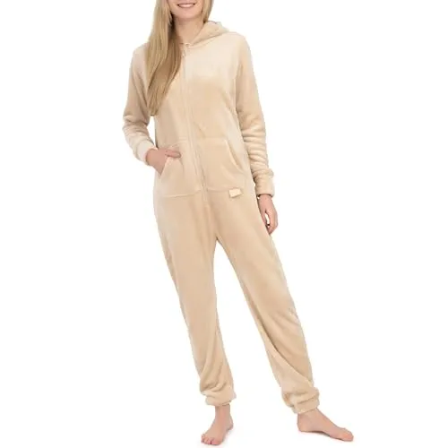 Basisstoff Kitten Damen Jumpsuit Teddy Fleece Beige Gr. M