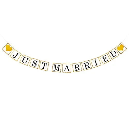 Produktbild Oblique Unique® Just Married Girlande Banner mit goldenen Herzen Hänge Deko für Hochzeit Dekoration Hochzeitsdeko in Weiß und Gold
