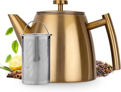 Vaja Trends Teekanne, 1L Doppelwandig Aus Gold Edelstahl Mit Siebeinsatz, Mit Stövchen, Tea Maker, Teekanne Edelstahl
