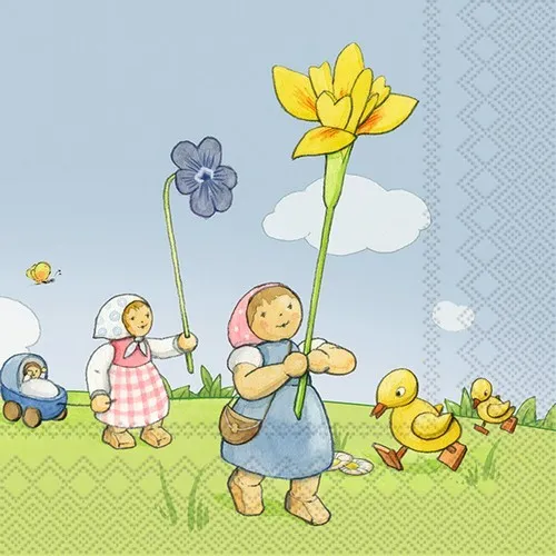 Servietten Mädchen mit Iris Holzfiguren Küken Tiere Frühling blau 33x33cm 20